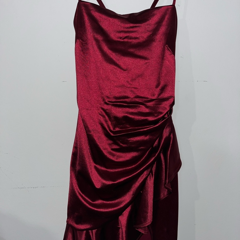 Honey and Rosie Red Ruched Asymmetrical Slip Dress